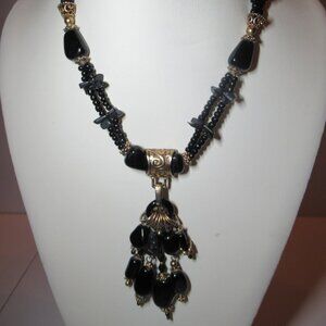 Chunky Necklace Black Beads Gold Accents Dangle Pendant Boho Nuggets Chips